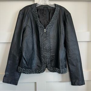 Women’s Genuine Leather Black Biker Jacket Slim Fit Beaded Retro Moto Size Large